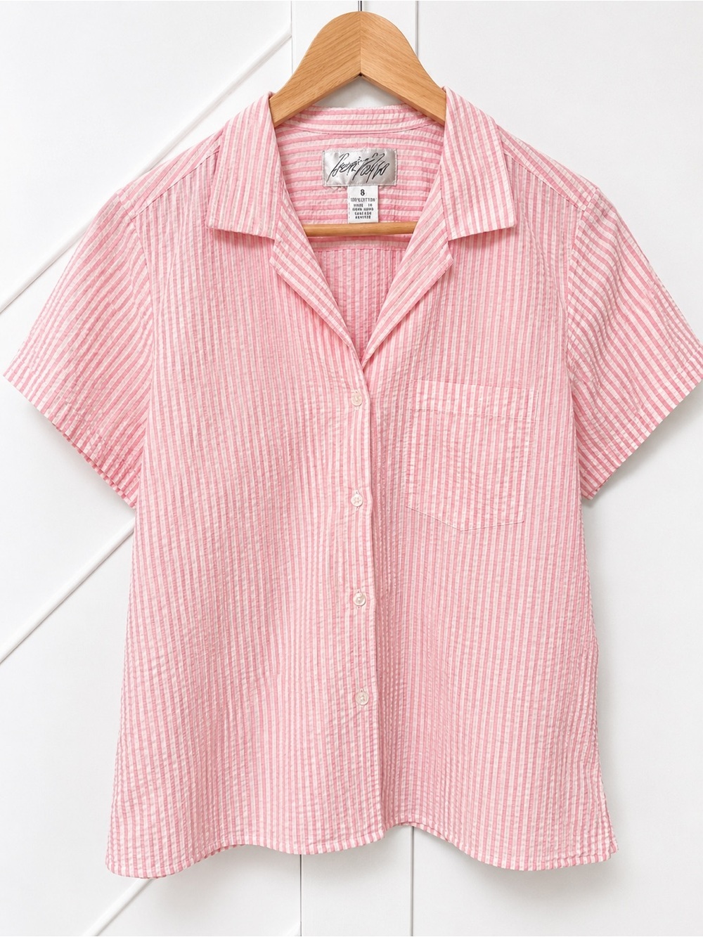 Vintage Lord & Taylor Pink White Seersucker Button Up Shirt 8